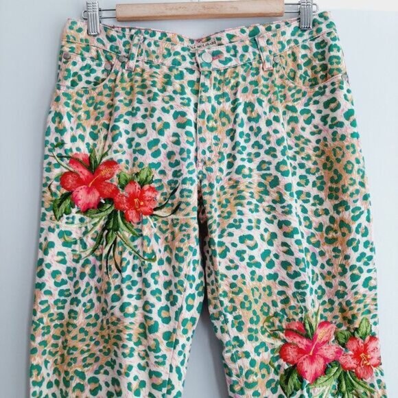 ANNA MOLINARI Floral Embroidered Crop Jeans Leopard Print Sz M - Picture 2 of 12